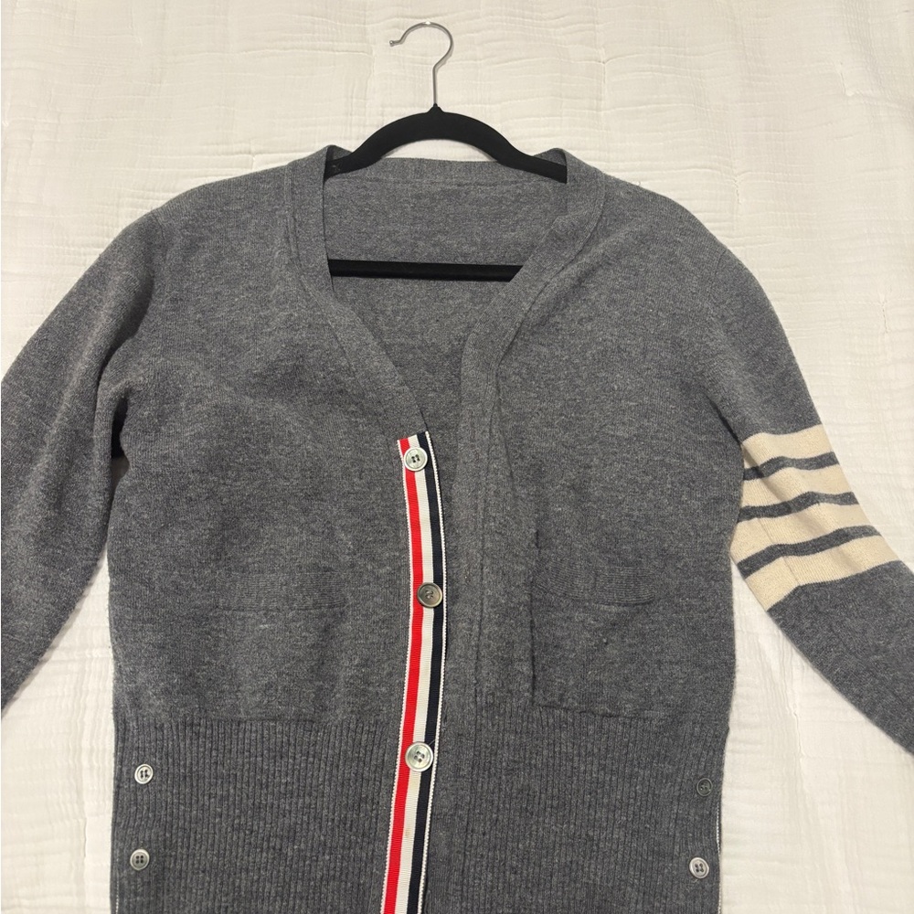 Thom Browne Gray Cardigan Sweater with Striped Sleeve